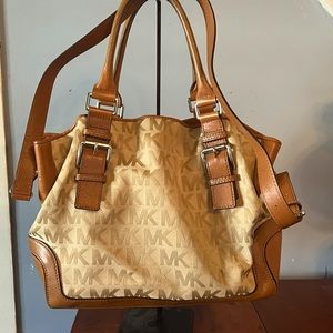 MICHAEL KORS Tan Canvas/Leather Monogram Satchel w/Crossbody Strap
